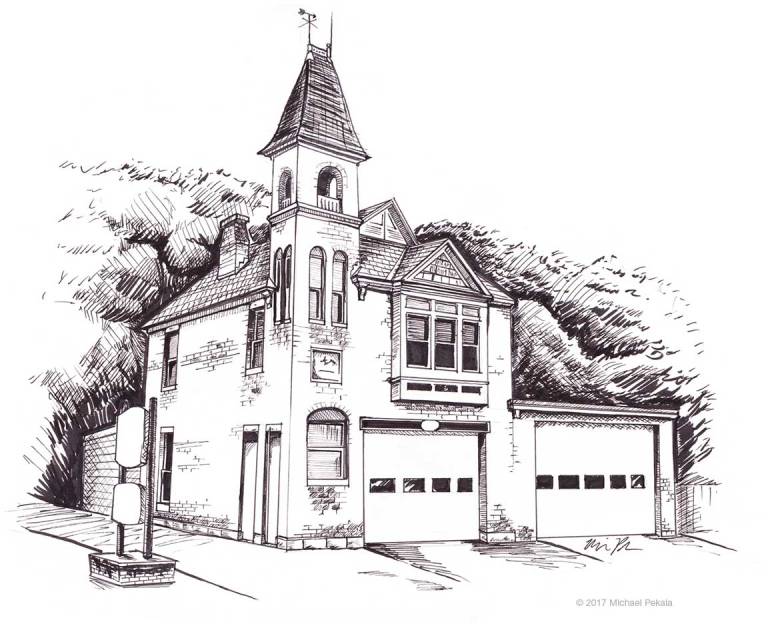 The Harris Fire Station in Coventry, RI pen and ink illustration
