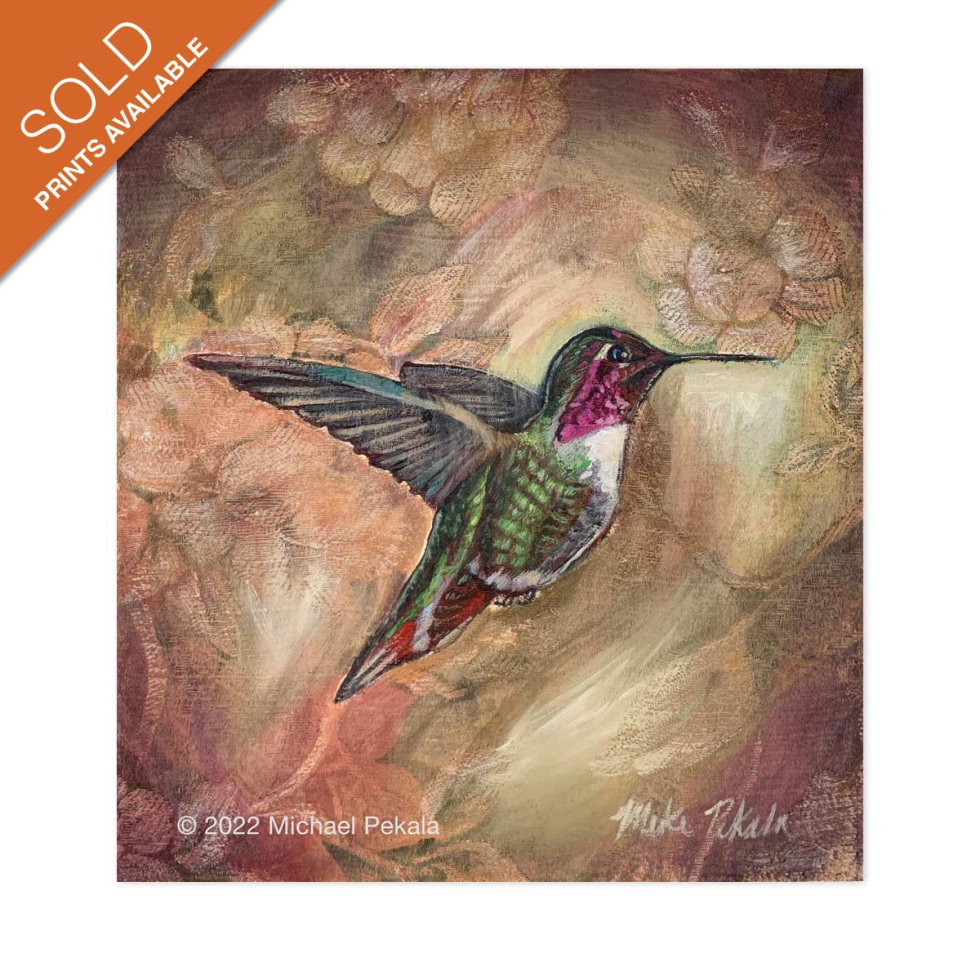 Hummingbird acrylic painting on upholstery fabric