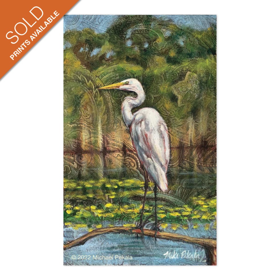 Great Egret acrylic painting on upholstery fabric