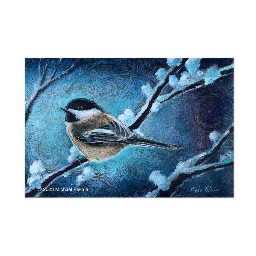 Chickadee acrylic painting on upholstery fabric